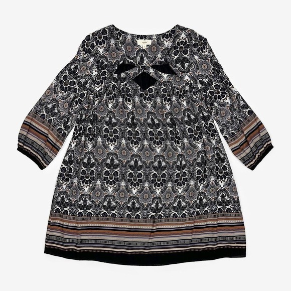 Entro Printed Mini Dress Size S Gray Boho Indie Festival Peasant Flowy Earthy - Picture 3 of 9